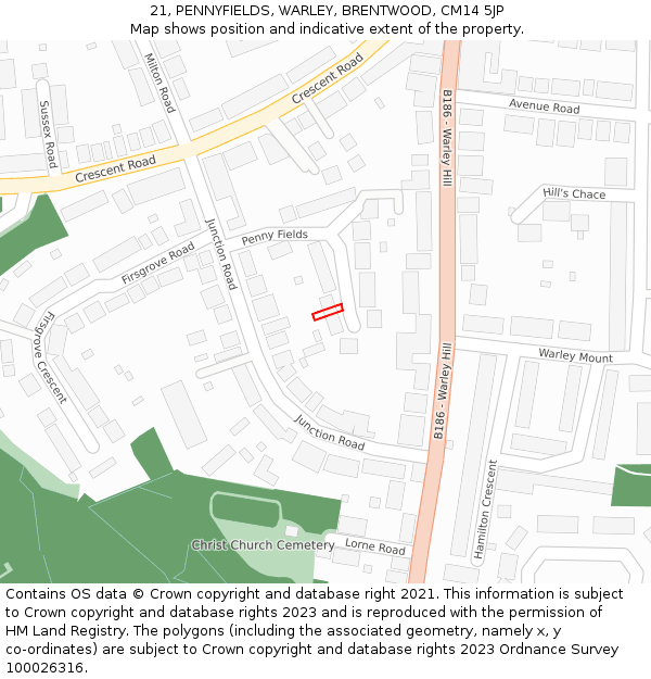 21, PENNYFIELDS, WARLEY, BRENTWOOD, CM14 5JP: Location map and indicative extent of plot