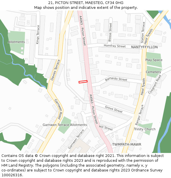21, PICTON STREET, MAESTEG, CF34 0HG: Location map and indicative extent of plot