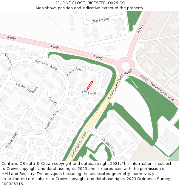21, PINE CLOSE, BICESTER, OX26 3YJ: Location map and indicative extent of plot