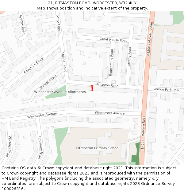21, PITMASTON ROAD, WORCESTER, WR2 4HY: Location map and indicative extent of plot