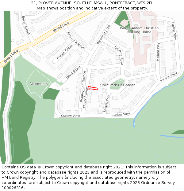 21, PLOVER AVENUE, SOUTH ELMSALL, PONTEFRACT, WF9 2FL: Location map and indicative extent of plot