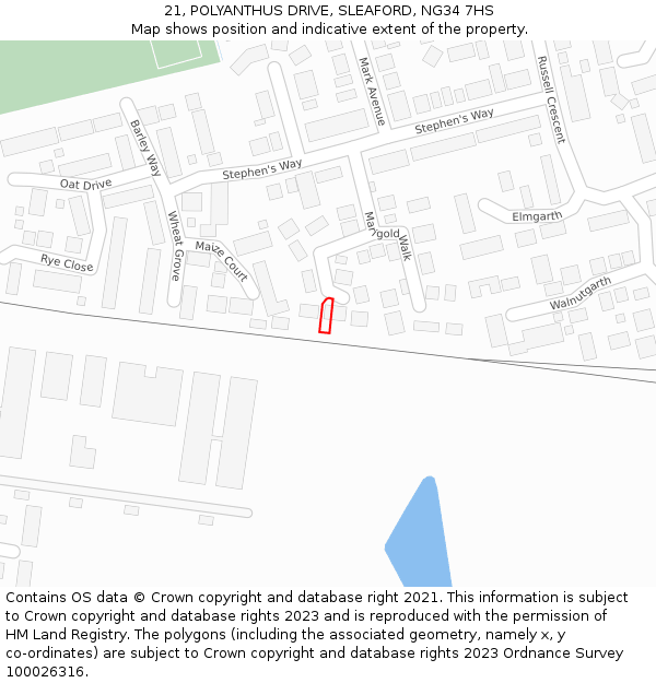 21, POLYANTHUS DRIVE, SLEAFORD, NG34 7HS: Location map and indicative extent of plot