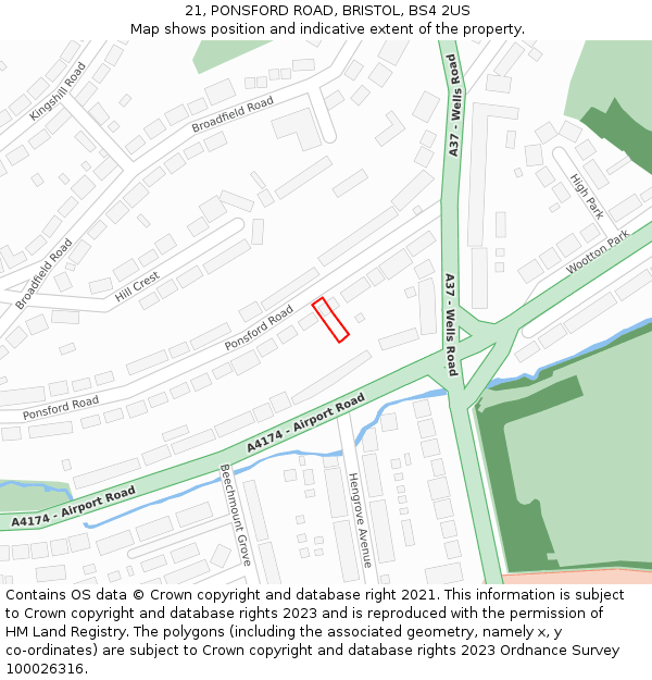 21, PONSFORD ROAD, BRISTOL, BS4 2US: Location map and indicative extent of plot