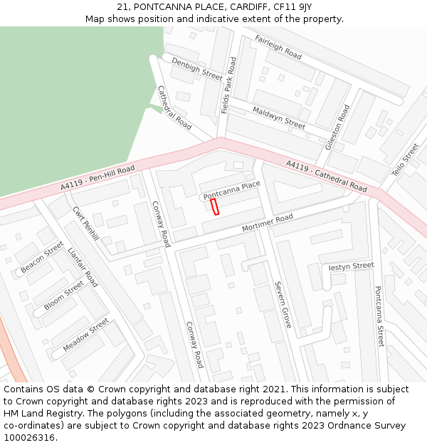 21, PONTCANNA PLACE, CARDIFF, CF11 9JY: Location map and indicative extent of plot