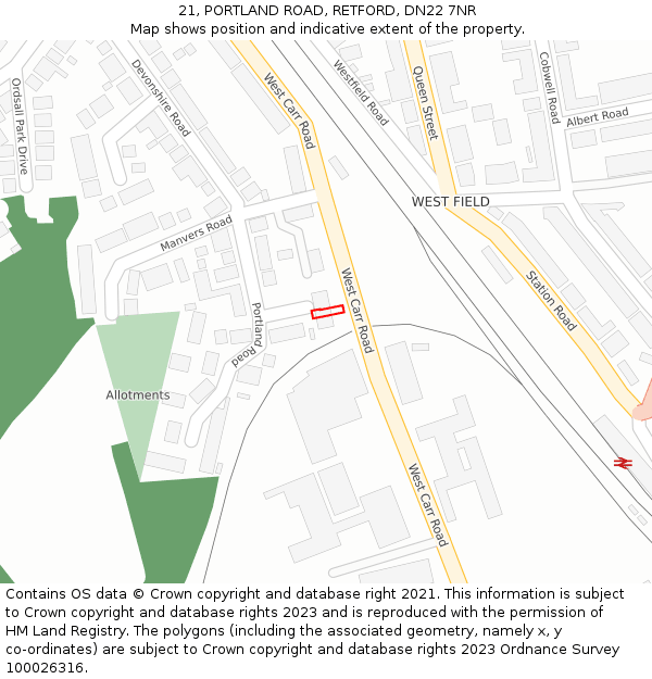 21, PORTLAND ROAD, RETFORD, DN22 7NR: Location map and indicative extent of plot