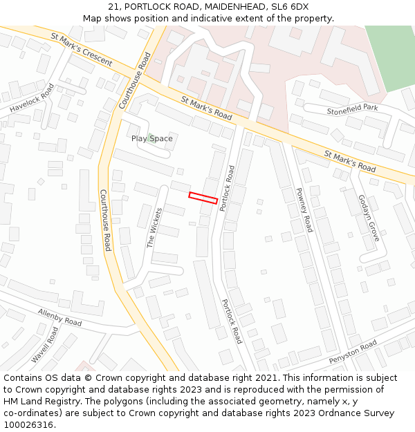 21, PORTLOCK ROAD, MAIDENHEAD, SL6 6DX: Location map and indicative extent of plot