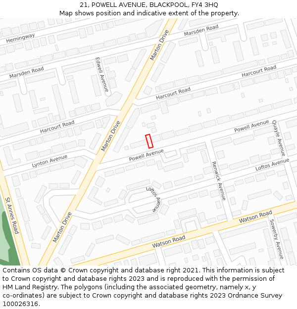 21, POWELL AVENUE, BLACKPOOL, FY4 3HQ: Location map and indicative extent of plot