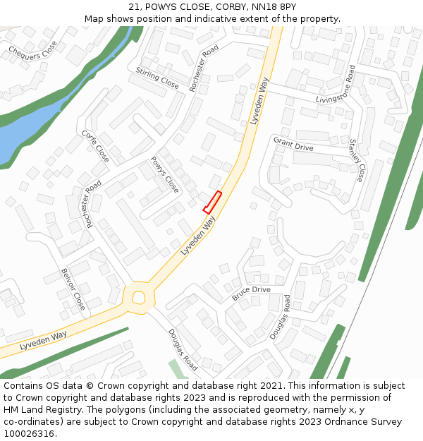 21, POWYS CLOSE, CORBY, NN18 8PY: Location map and indicative extent of plot