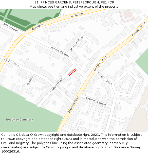 21, PRINCES GARDENS, PETERBOROUGH, PE1 4DP: Location map and indicative extent of plot