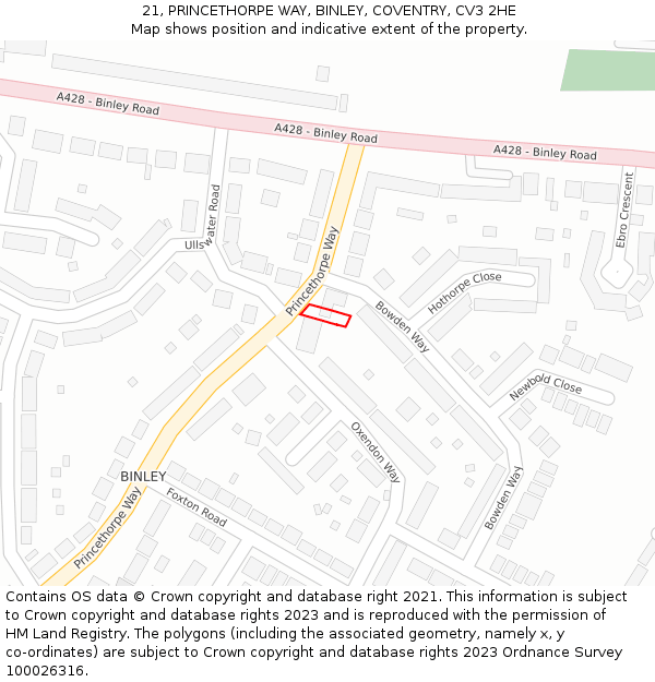21, PRINCETHORPE WAY, BINLEY, COVENTRY, CV3 2HE: Location map and indicative extent of plot