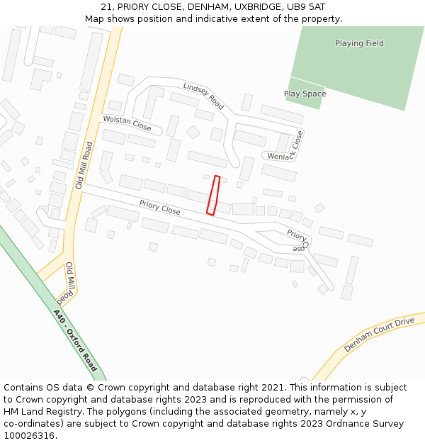 21, PRIORY CLOSE, DENHAM, UXBRIDGE, UB9 5AT: Location map and indicative extent of plot