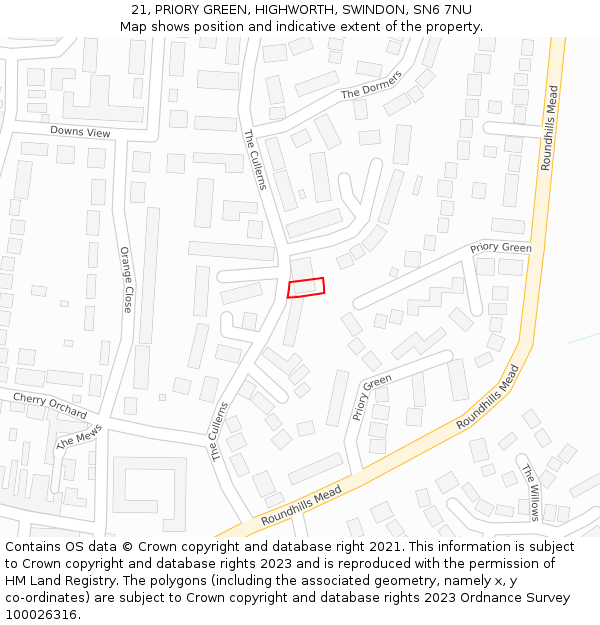 21, PRIORY GREEN, HIGHWORTH, SWINDON, SN6 7NU: Location map and indicative extent of plot