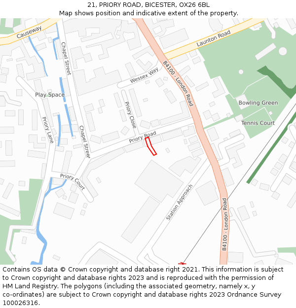 21, PRIORY ROAD, BICESTER, OX26 6BL: Location map and indicative extent of plot