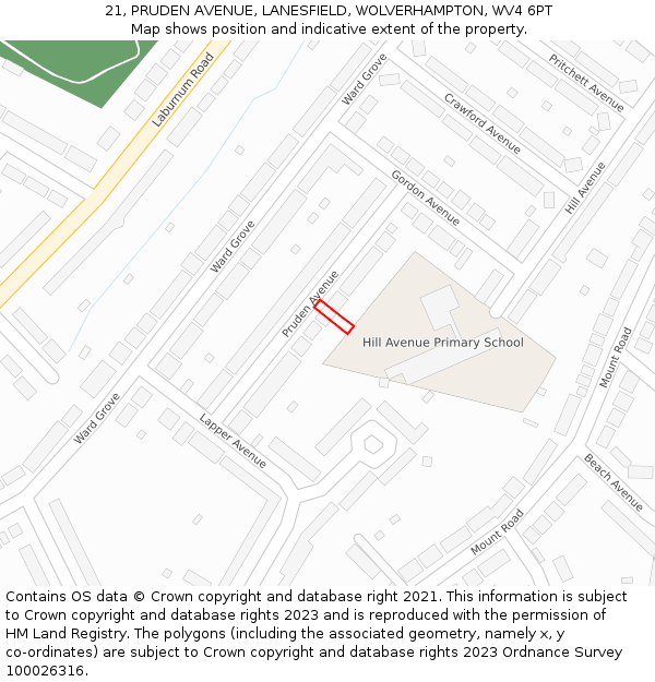 21, PRUDEN AVENUE, LANESFIELD, WOLVERHAMPTON, WV4 6PT: Location map and indicative extent of plot