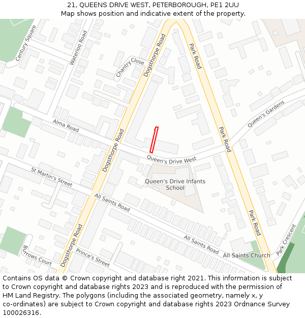 21, QUEENS DRIVE WEST, PETERBOROUGH, PE1 2UU: Location map and indicative extent of plot