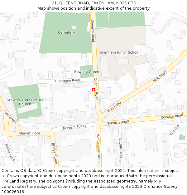 21, QUEENS ROAD, FAKENHAM, NR21 8BS: Location map and indicative extent of plot