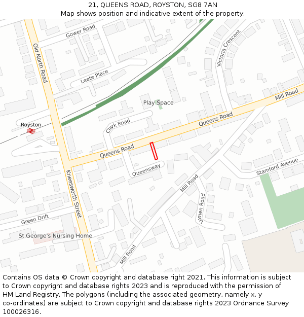 21, QUEENS ROAD, ROYSTON, SG8 7AN: Location map and indicative extent of plot