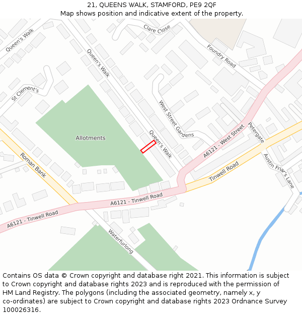 21, QUEENS WALK, STAMFORD, PE9 2QF: Location map and indicative extent of plot