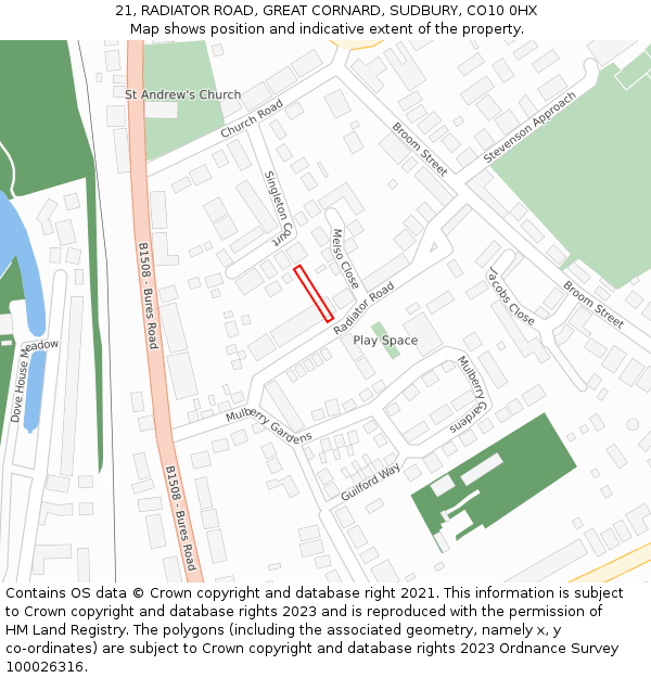 21, RADIATOR ROAD, GREAT CORNARD, SUDBURY, CO10 0HX: Location map and indicative extent of plot
