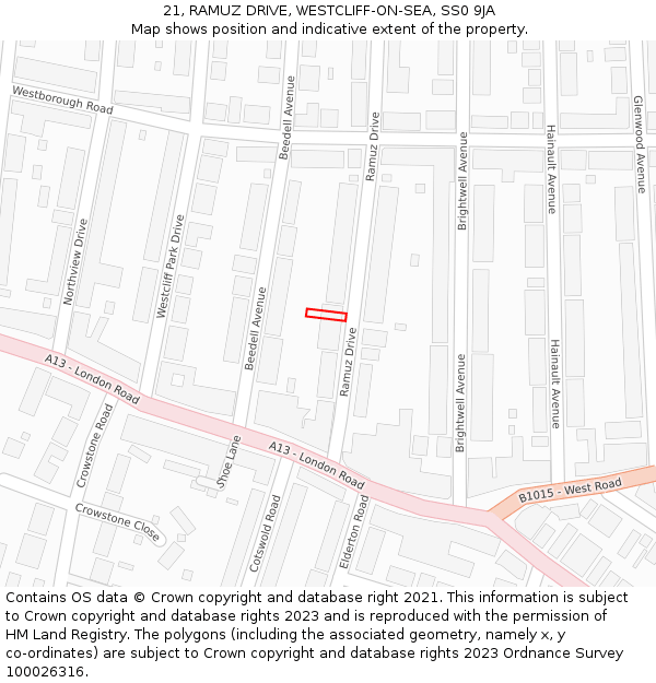 21, RAMUZ DRIVE, WESTCLIFF-ON-SEA, SS0 9JA: Location map and indicative extent of plot