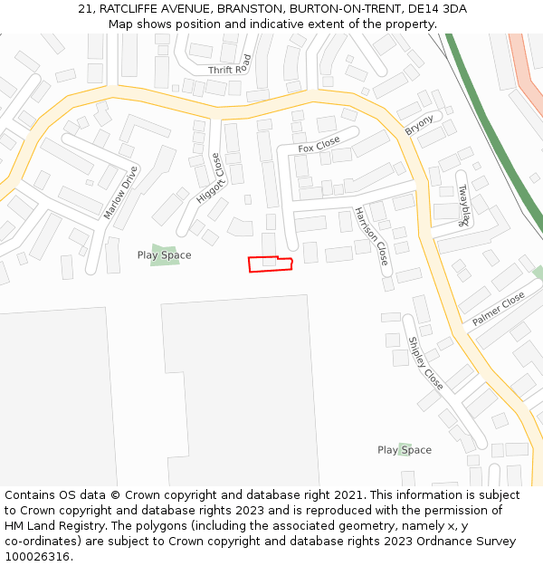 21, RATCLIFFE AVENUE, BRANSTON, BURTON-ON-TRENT, DE14 3DA: Location map and indicative extent of plot