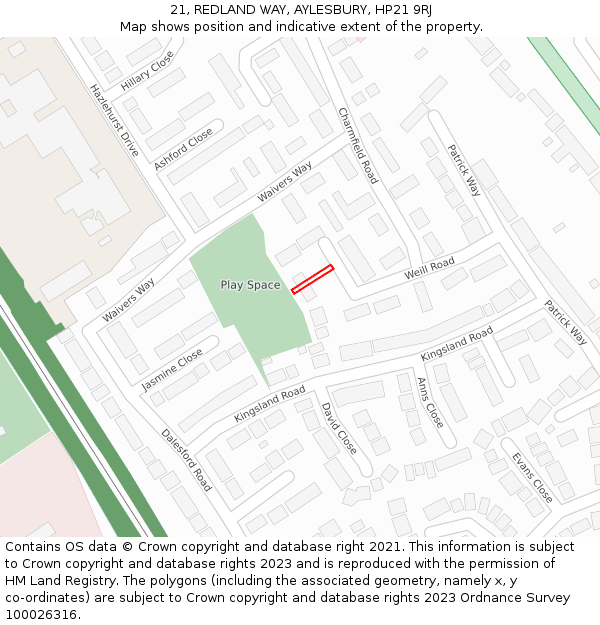21, REDLAND WAY, AYLESBURY, HP21 9RJ: Location map and indicative extent of plot
