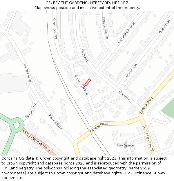 21, REGENT GARDENS, HEREFORD, HR1 1EZ: Location map and indicative extent of plot