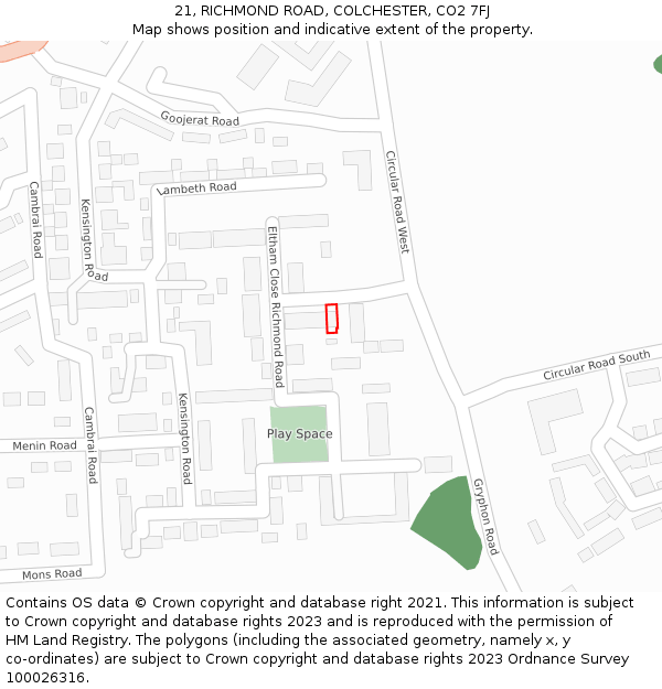21, RICHMOND ROAD, COLCHESTER, CO2 7FJ: Location map and indicative extent of plot