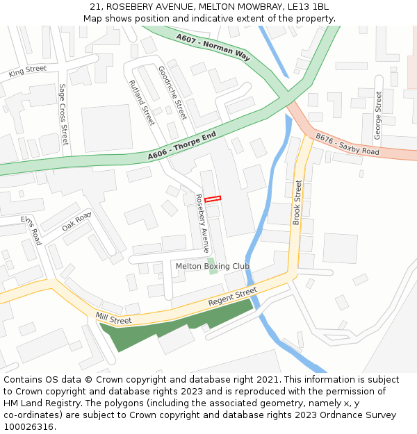 21, ROSEBERY AVENUE, MELTON MOWBRAY, LE13 1BL: Location map and indicative extent of plot