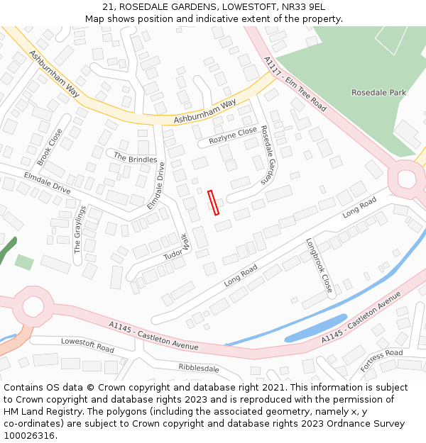 21, ROSEDALE GARDENS, LOWESTOFT, NR33 9EL: Location map and indicative extent of plot