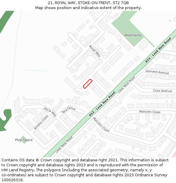 21, ROYAL WAY, STOKE-ON-TRENT, ST2 7QB: Location map and indicative extent of plot