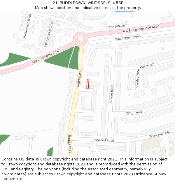 21, RUDDLESWAY, WINDSOR, SL4 5SF: Location map and indicative extent of plot