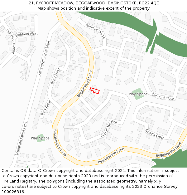 21, RYCROFT MEADOW, BEGGARWOOD, BASINGSTOKE, RG22 4QE: Location map and indicative extent of plot