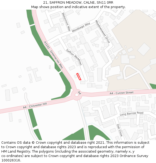 21, SAFFRON MEADOW, CALNE, SN11 0RR: Location map and indicative extent of plot