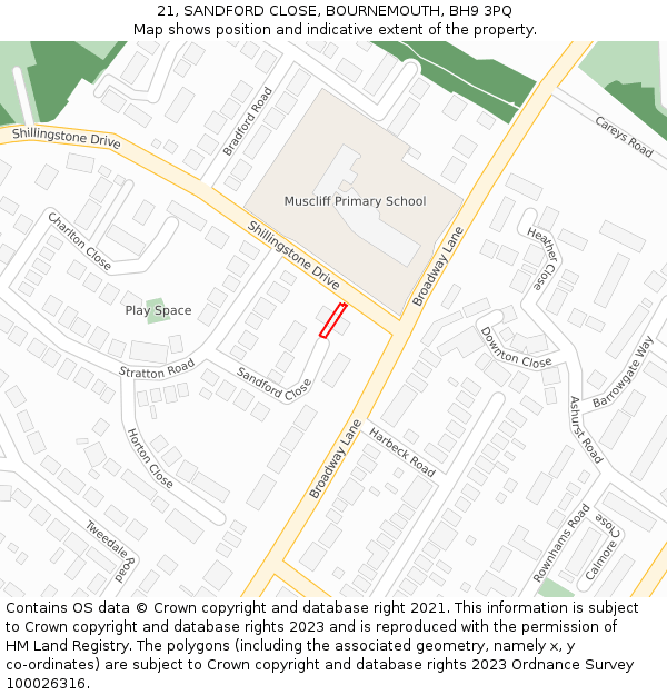 21, SANDFORD CLOSE, BOURNEMOUTH, BH9 3PQ: Location map and indicative extent of plot