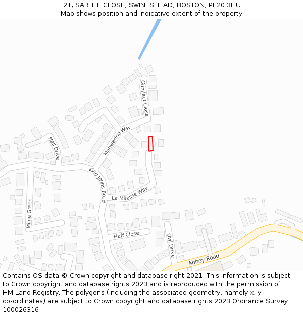 21, SARTHE CLOSE, SWINESHEAD, BOSTON, PE20 3HU: Location map and indicative extent of plot