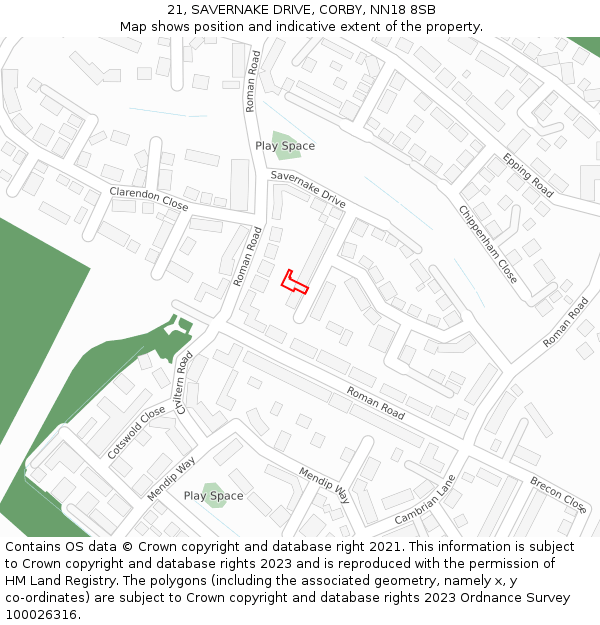 21, SAVERNAKE DRIVE, CORBY, NN18 8SB: Location map and indicative extent of plot