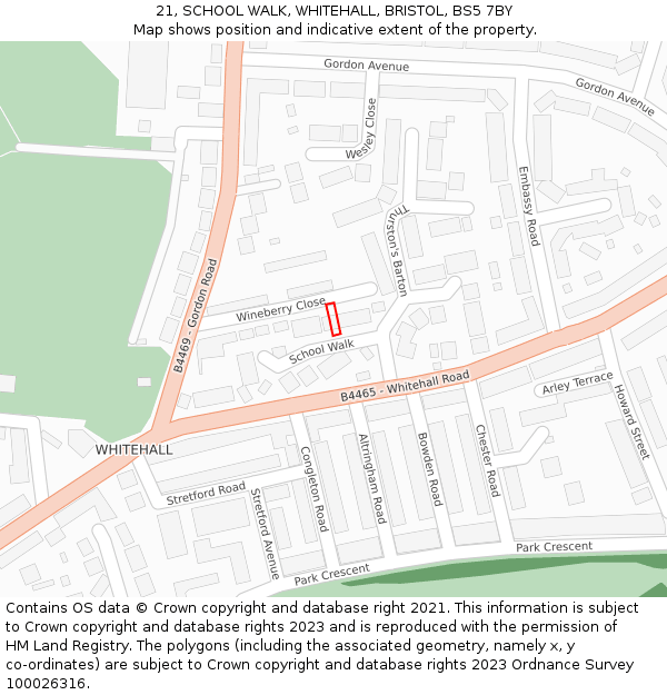 21, SCHOOL WALK, WHITEHALL, BRISTOL, BS5 7BY: Location map and indicative extent of plot