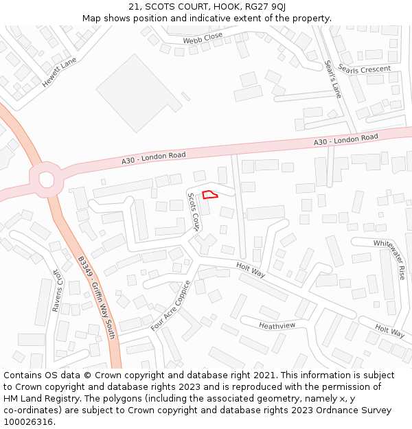 21, SCOTS COURT, HOOK, RG27 9QJ: Location map and indicative extent of plot