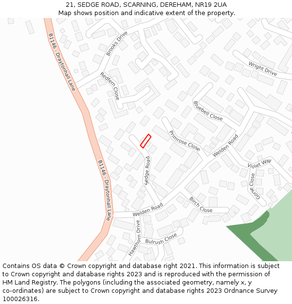 21, SEDGE ROAD, SCARNING, DEREHAM, NR19 2UA: Location map and indicative extent of plot