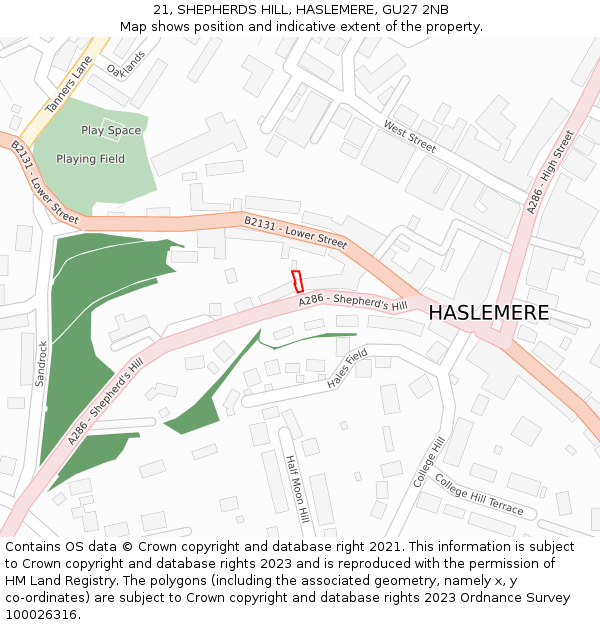 21, SHEPHERDS HILL, HASLEMERE, GU27 2NB: Location map and indicative extent of plot