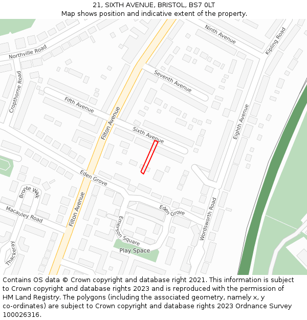 21, SIXTH AVENUE, BRISTOL, BS7 0LT: Location map and indicative extent of plot
