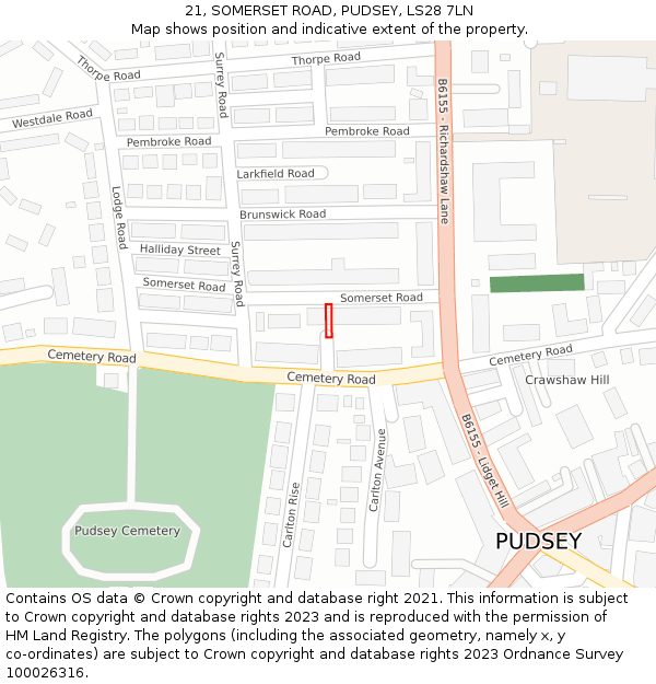 21, SOMERSET ROAD, PUDSEY, LS28 7LN: Location map and indicative extent of plot