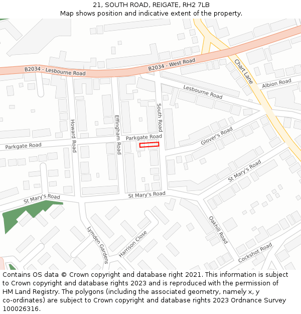 21, SOUTH ROAD, REIGATE, RH2 7LB: Location map and indicative extent of plot