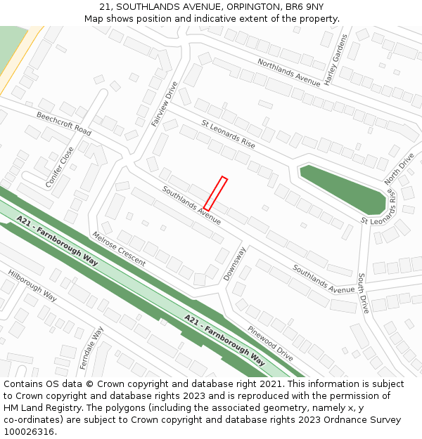 21, SOUTHLANDS AVENUE, ORPINGTON, BR6 9NY: Location map and indicative extent of plot