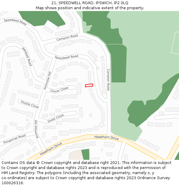 21, SPEEDWELL ROAD, IPSWICH, IP2 0LQ: Location map and indicative extent of plot