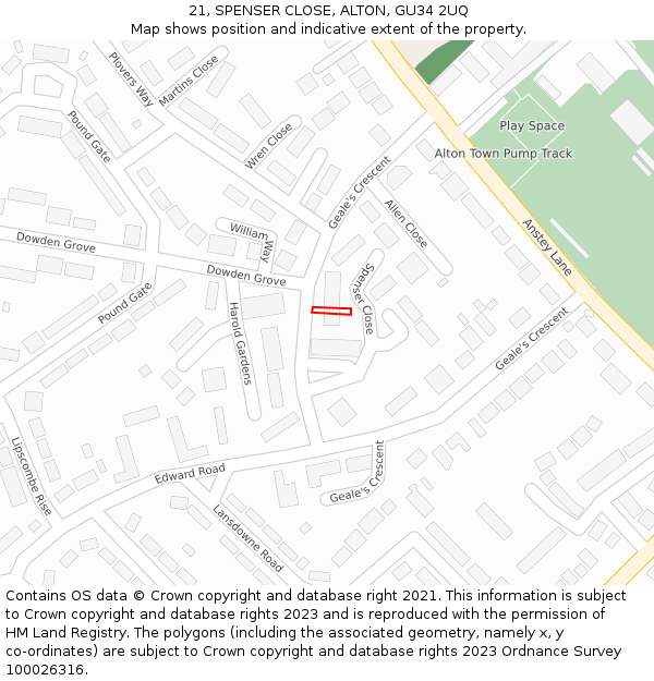 21, SPENSER CLOSE, ALTON, GU34 2UQ: Location map and indicative extent of plot