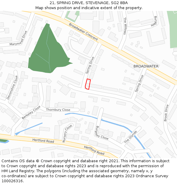 21, SPRING DRIVE, STEVENAGE, SG2 8BA: Location map and indicative extent of plot