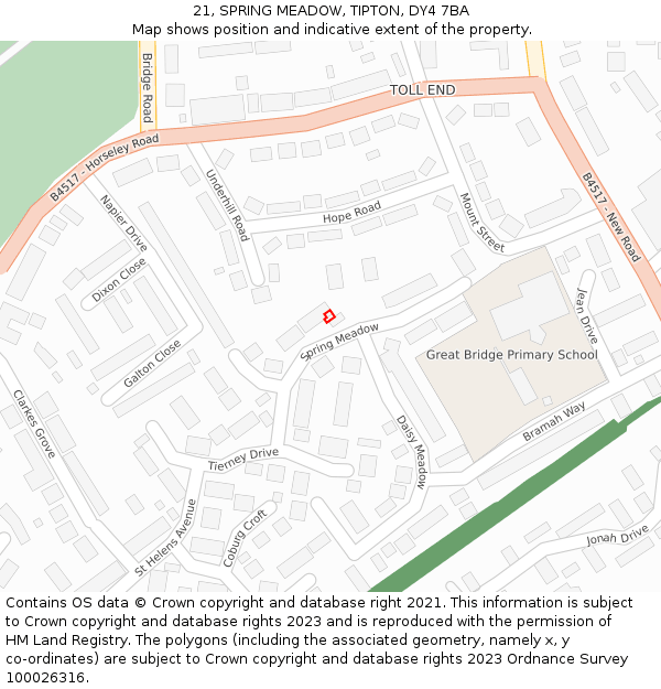 21, SPRING MEADOW, TIPTON, DY4 7BA: Location map and indicative extent of plot