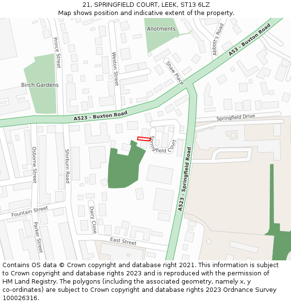 21, SPRINGFIELD COURT, LEEK, ST13 6LZ: Location map and indicative extent of plot